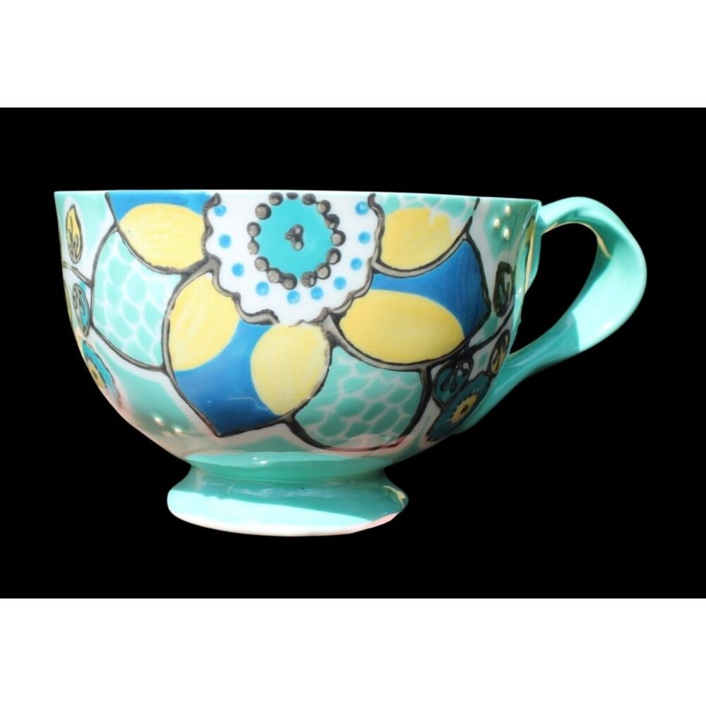 Anthropologie Elka Mint Green Yellow Blue Ceramic Mug/Footed Cup 3-1/8” - Picture 5 of 7